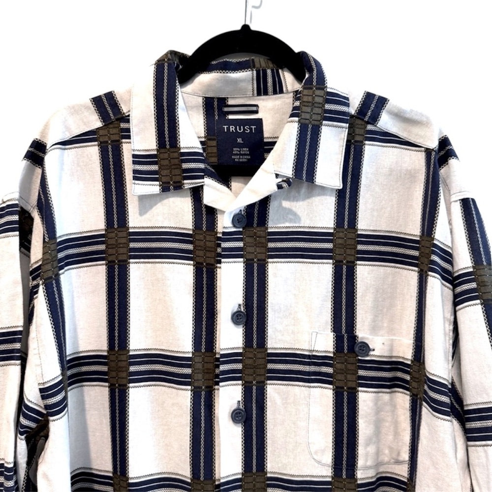Trust VTG Short Sleeve Linen Blend Button Front Shirt White‎ Blue Olive Large